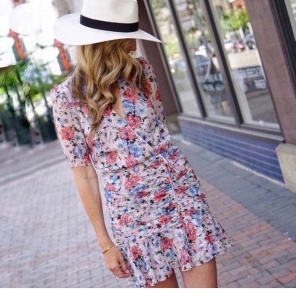 Veronica Beard Dakota Dress Floral Size 2 Ruched Silk Short Sleeve Boho Short Sl